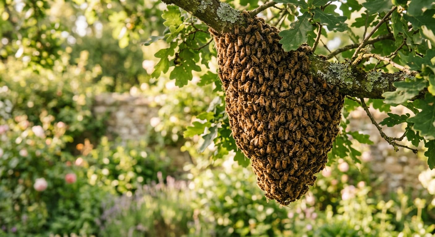 A cluster of honey bees hanging from a branch in a UK garden
