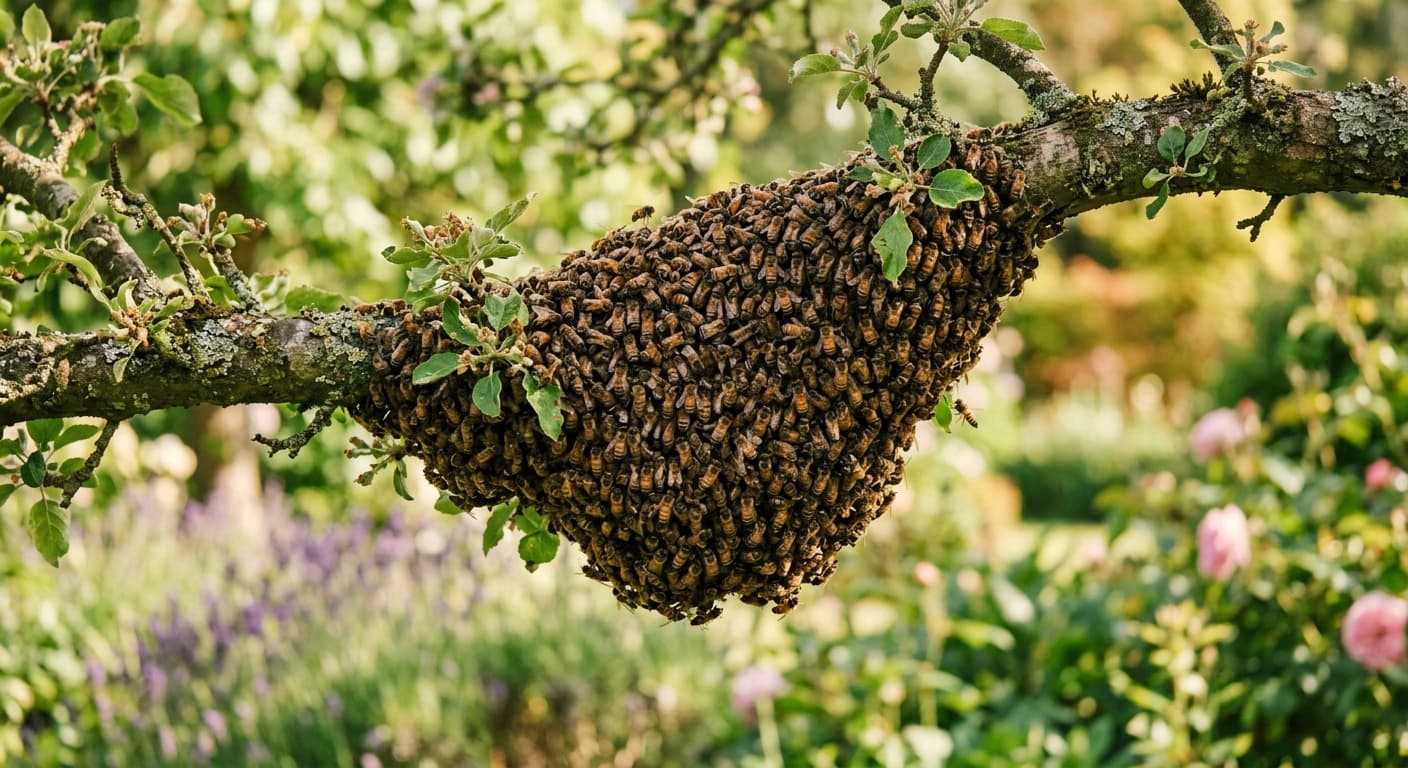 Swarm hanging from a fruit tree at dusk