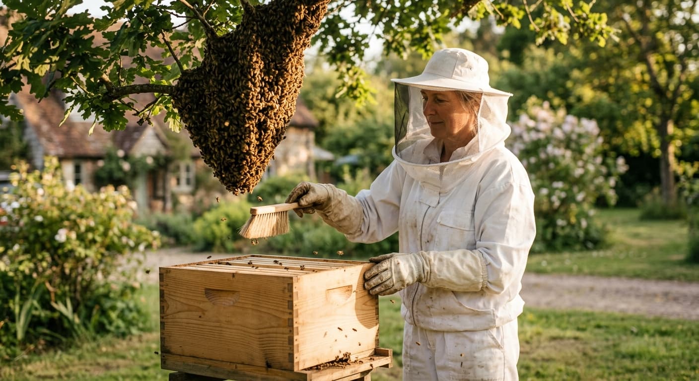 Beekeeper gently brushing bees into a hive